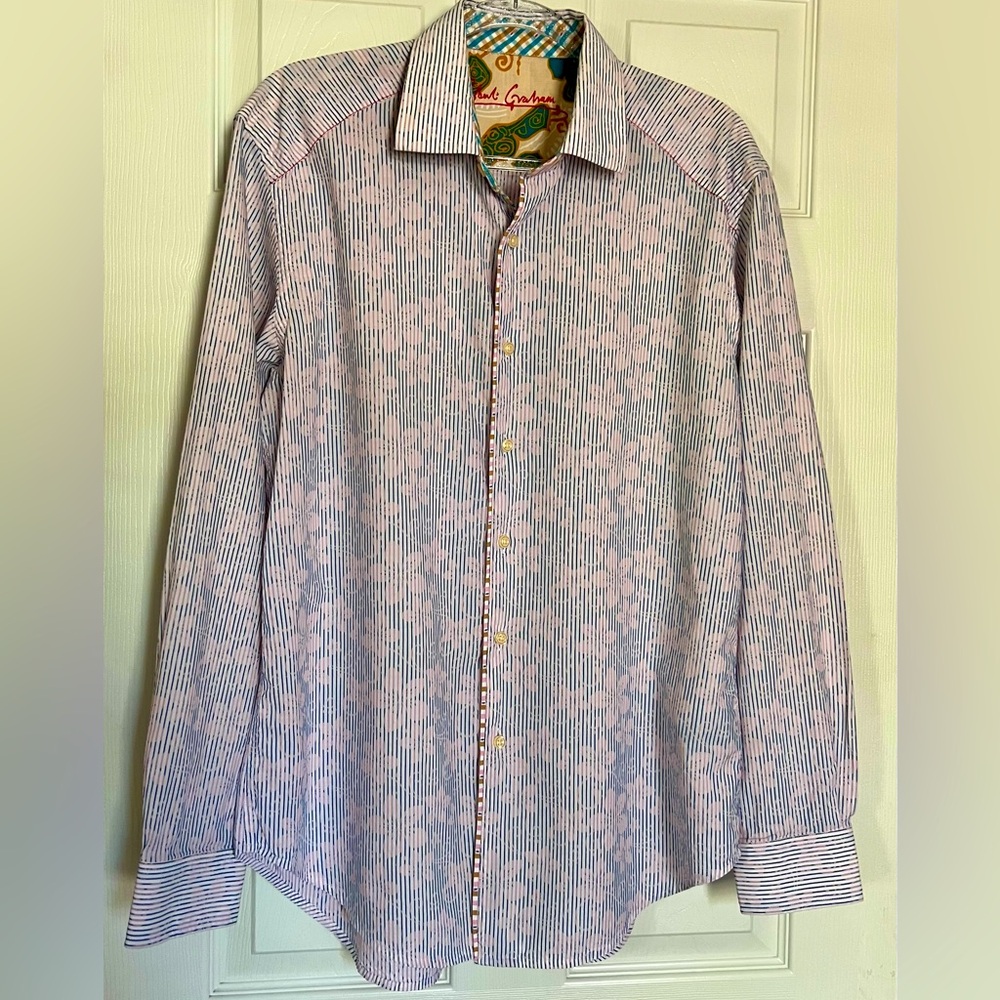 ROBERT GRAHAM Blue Pink Floral Plaid Micro Stripe Long Sleeve Button Up Shirt LG